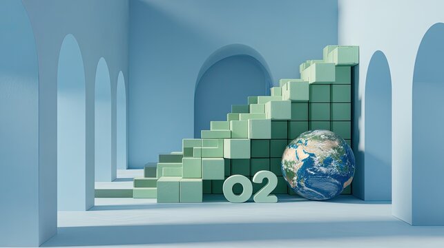 3D illustration of carbon neutrality concept with green staircase and Earth model for environmental protection, sustainability and carbon reduction design