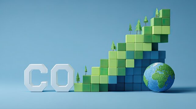 3D illustration of carbon neutrality concept with green staircase and Earth model for environmental protection, sustainability and carbon reduction design