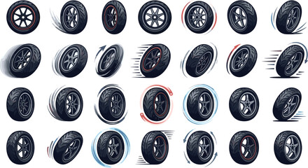 Car tire and alloy wheel rim vector illustration set featuring black rubber tires with racing speed trails rotation arrows and drift movements isolated on white background © Sujon Shah
