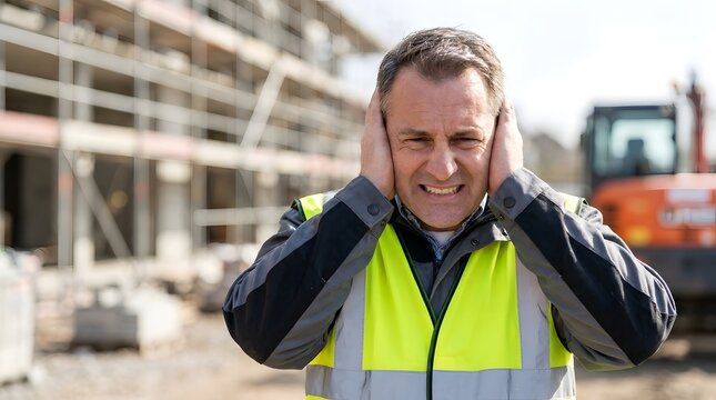 Loud noise. Outdoor construction scene with man grimacing and covering ears, ideal for safety awareness and commercial visuals.