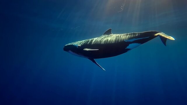 Humpback whale swimming underwater with golden sun rays piercing the ocean surface. Cinematic wildlife video loop for marine biology projects, environmental documentaries, and ESG concepts.