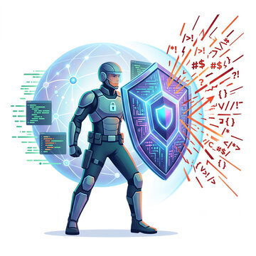 Cyber Security Defender Protecting Large Language Model from Prompt Injection Attack, Vector Illustration