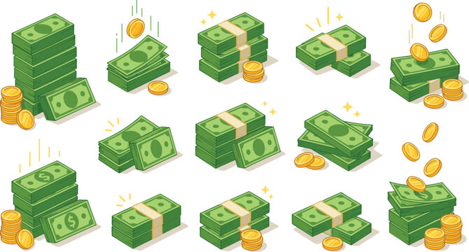 Isometric green cash money stack vector illustration set featuring bundles of dollar banknotes gold coin piles falling cash flows isolated on white background