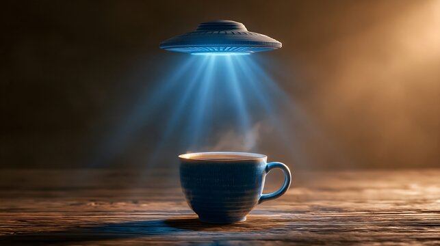 Miniature UFO Hovering Over Breakfast Table Beaming Coffee Mug with Blue Light