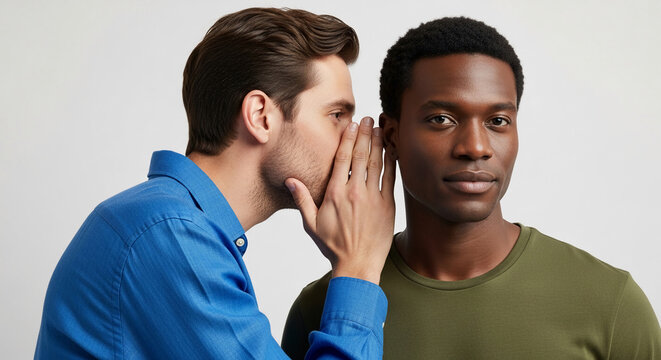 Two men sharing a secret, one whispering into the other's ear, symbolizing trust, confidences, and communication, perfect for storytelling or interpersonal relationships