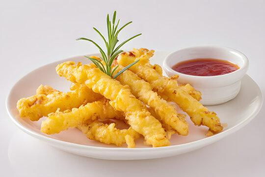 Delicious Spanish Soldaditos de Pava with Tangy Sauce on a White Plate