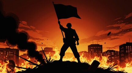 Fototapeta premium Soldier silhouette holds flag on hill. Fiery cityscape burns behind him. Smoke rises from bombed buildings. Symbol of war and victory over destruction.