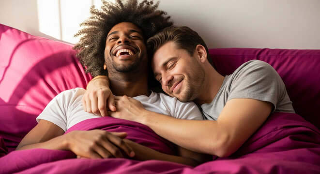 Two men embracing in bed with magenta bedding, one laughing joyfully, the other resting peacefully, symbolizing love, intimacy, and happiness