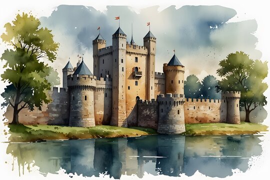 Moat surrounding a fortified castle
