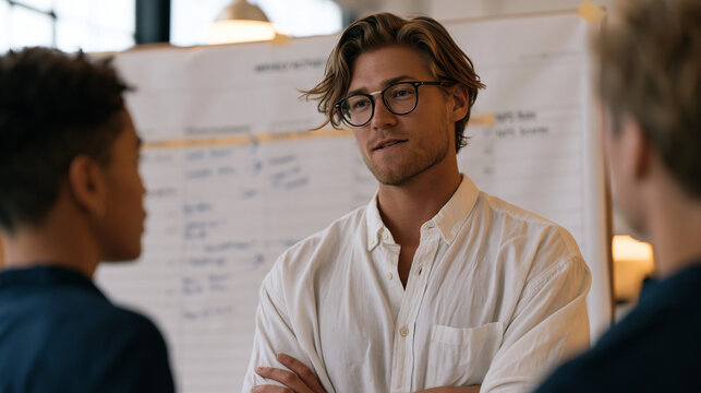 Startup founder stands in front of a wall-sized printed spreadsheet tracking weekly active users, churn rate, and NPS scores, color-coded columns hand-annotated with arrows, as