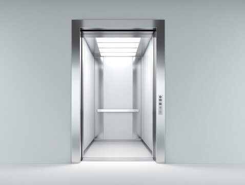 Modern, bright elevator with open doors, showcasing a minimalist interior and sleek, metallic frame against a plain wall