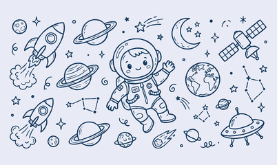 Vector line art doodle of an astronaut in outer space with planets and rockets. © Avartde