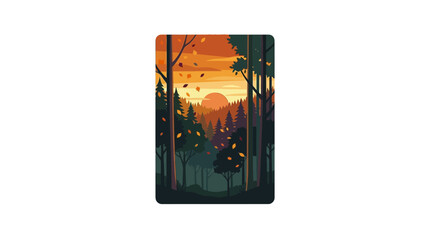 A stylized digital illustration of a dense forest during a vibrant orange sunset. © haniyyah_Karimah