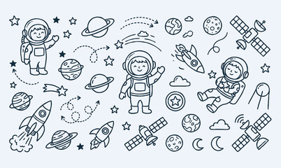 Vector line art doodle of an astronaut in outer space with planets and rockets. © Avartde