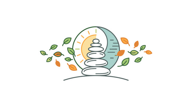 A stylized illustration of a balanced stone cairn surrounded by autumn leaves and a sun moon cycle.