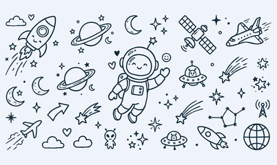 Vector line art doodle of an astronaut in outer space with planets and rockets. © Avartde