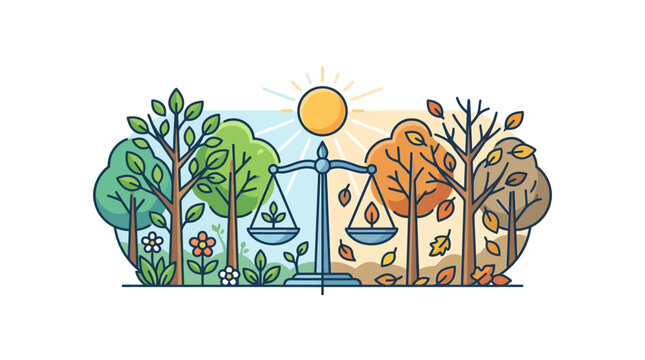 A conceptual illustration of the changing seasons balanced on a central scale.