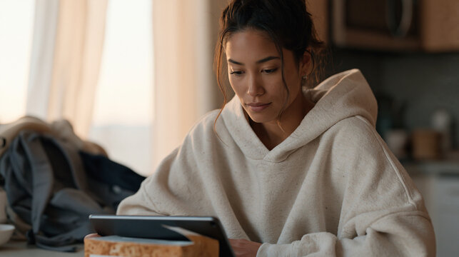 Exhausted community college student in modest apartment kitchen reviews closed caption auto generated subtitles on tablet propped against cereal box, backpack open on table, early
