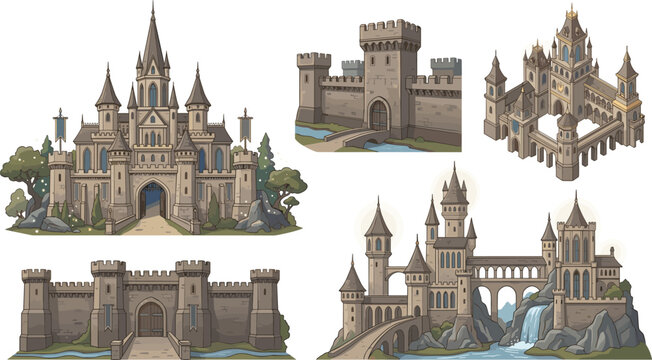 Medieval castle and fortress vector illustration set featuring stone palatial walls watchtowers gates bridges and fantasy kingdom architectures isolated on white background