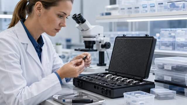 Scientist examines samples in laboratory setting with microscope and tools