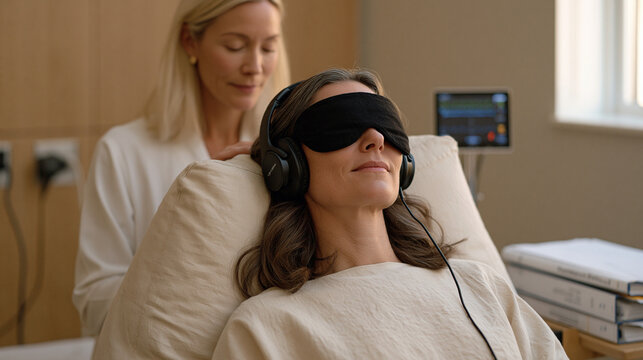 Clinical research nurse monitors a psilocybin brain effect study participant reclining in a cushioned therapy room chair, soft room lighting, vital signs monitor nearby,