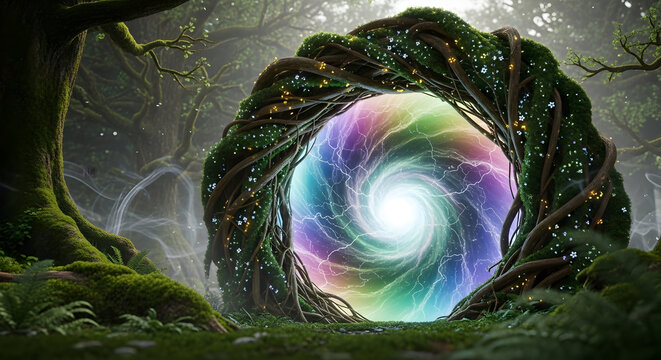 Magical rainbow portal in an enchanted forest
