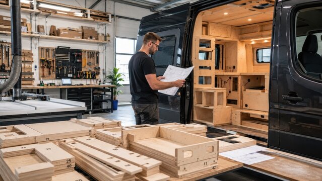 Man examines blueprints while working on van interior in a workshop during the day