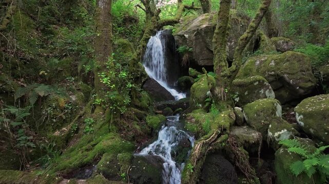 Falls Flowing From Mossy Covered Rocks In Cascada de Santo Estevo do Ermo Waterfall In Barreiros, Galicia, Spain. Aerial Pullback Shot