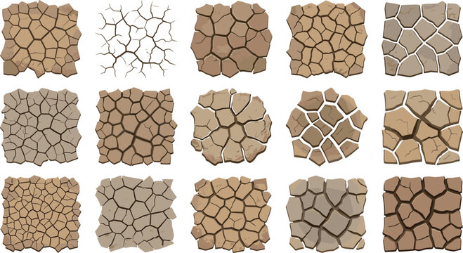Dry cracked ground earth vector texture set featuring global warming drought patterns desert soil fractures and earthquake land splits isolated on white background