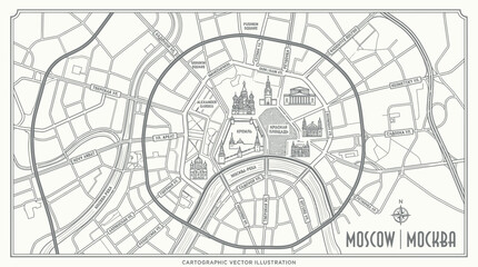 Obraz premium Moscow city center map with kremlin and red square landmarks