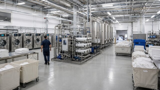 Industrial laundry facility with workers and equipment in operation during daytime hours in a clean and organized setting