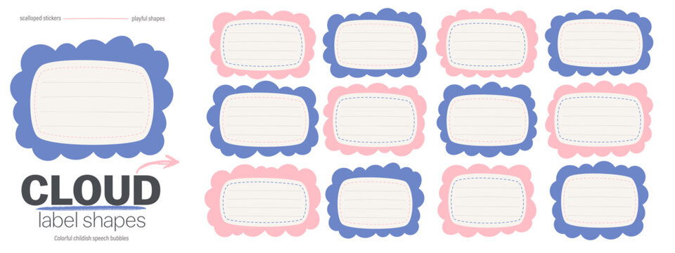 Irregular fluffy shape labels collection. Cute cartoon stickers and text boxes.