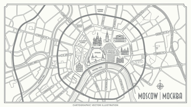 Moscow city center map with kremlin and red square landmarks