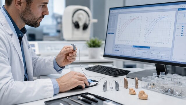 Researcher tests hearing aid device in a modern lab during the day while analyzing data on a computer screen