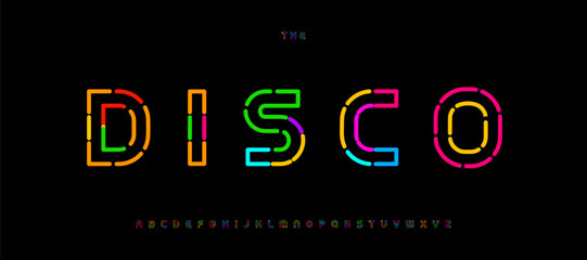 Neon Nightlife Disco Font Logo Alphabet. Multicolor Glow Tube Letters Modular Segmented Typeface. Techno Club Outline Line Segments Glyphs for Logo Headline Fonts. Vector Typeface © artyway