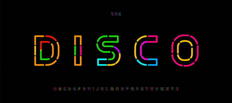 Neon Nightlife Disco Font Logo Alphabet. Multicolor Glow Tube Letters Modular Segmented Typeface. Techno Club Outline Line Segments Glyphs for Logo Headline Fonts. Vector Typeface