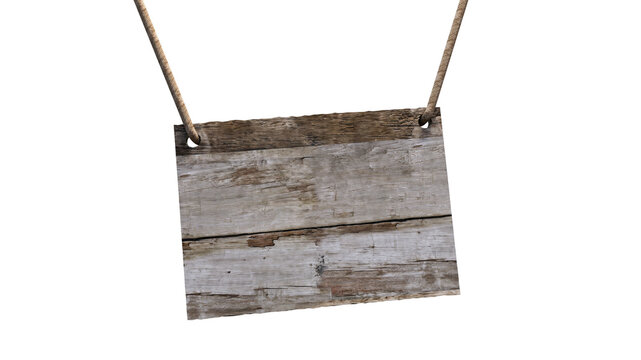 Blank Weathered Wooden Hanging Sign with Ropes on Transparent Background, Rustic Empty Timber Board