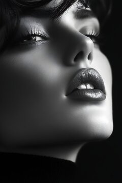 Dramatic Black and White Close-Up Portrait of a Womans Face.