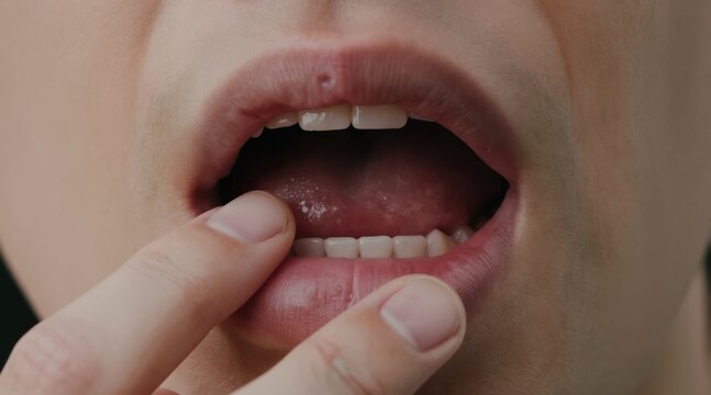 Close up of man mouth showing painful aphtha ulcer on lip caused by stress or poor hygiene. Medical condition causing discomfort, affecting oral health.