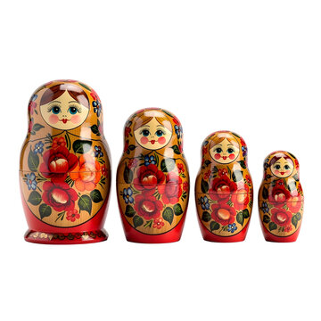 Traditional wooden matryoshka dolls with floral pattern isolated on transparent background