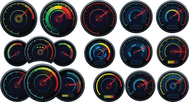 Futuristic glowing dashboard gauge vector set with neon digital speedometers tachometers download meters sci fi interface level indicators isolated on background