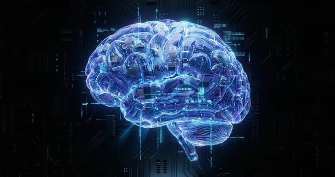 Artificial intelligence digital brain neural network machine learning technology circuit board, glowing digital brain floating over circuit board background, futuristic computing data innovation