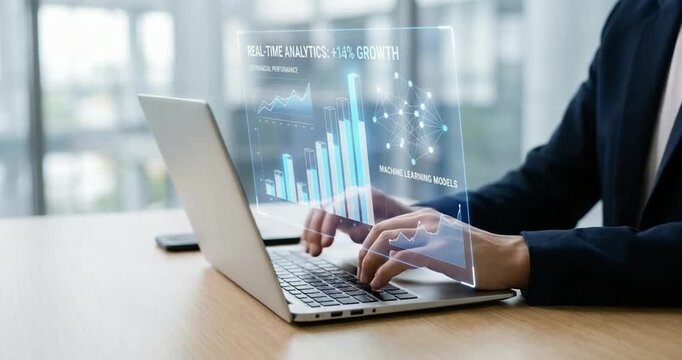 Business analytics data laptop with chart dashboard office, technology finance report showing professional workflow with virtual graphs, digital interface, growth analytics and machine learning