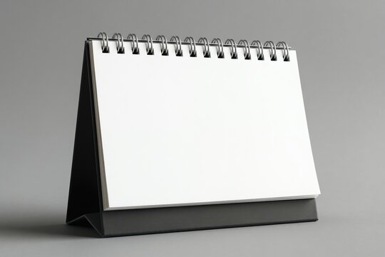 Blank spiral bound white paper notepad sits on dark base. Empty pages are ready for notes, drawings, or dates. Great for planning business meetings or daily tasks.