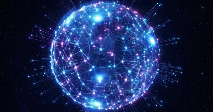 Global network digital globe data connection internet technology cyberspace communication network data connection, futuristic glowing abstract sphere with interconnected lines, nodes, data flow