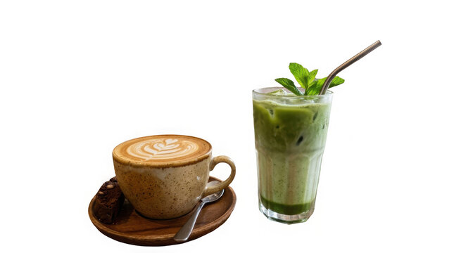 Coffee and matcha latte isolated on transparent background
