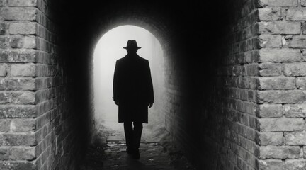 Fototapeta premium Man in hat and coat walks through foggy brick tunnel. Black and white noir style photo shows dark urban passage with light at end. Mysterious figure moves ahead in shadows.