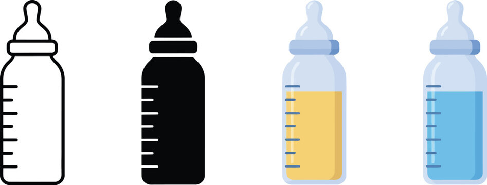 Baby Bottle Icons - Outline, Solid, and Filled with Milk or Water