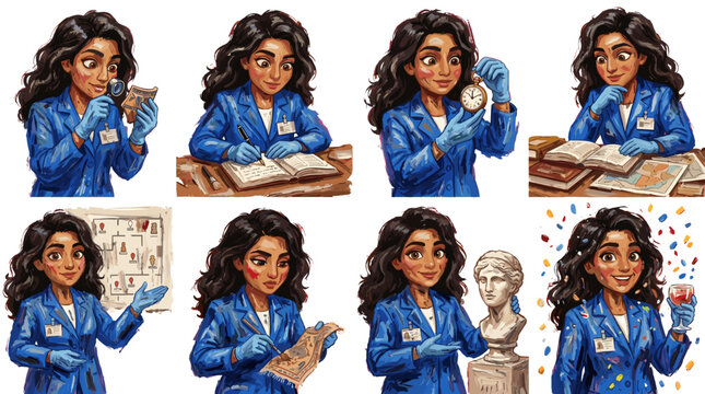 A collection of eight illustrations depicting a woman in a blue lab coat engaged in various scientific and historical research activities.