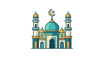 A colorful cartoon illustration of a traditional Islamic mosque with domes and minarets. © anindya